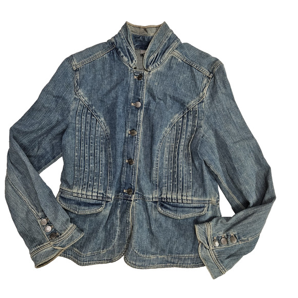 J Jill Denim Jacket Women's Medium Blue Jean Pleated BOHO Cottagecore Cotton - Picture 2 of 9
